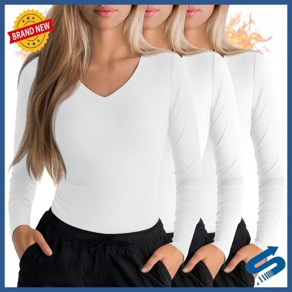 Women's Long Sleeve Thermal Fleece Under Scrubs V-Neck Stretchy Slim Fit 3-Pack